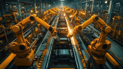 Precision Manufacturing in a High-Tech Factory - Modern Assembly Line with Robots and Skilled Workers Working on Large Components