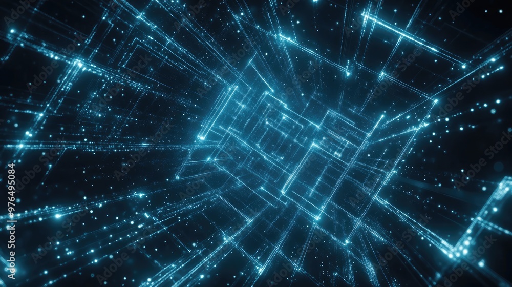 Poster hole of perspective square network connections abstract digital background with glowing lines and do