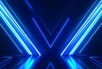 Abstract futuristic stage background with blue neon glowing light illuminating empty reflective dark space