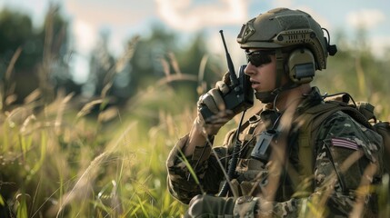 Fototapeta premium A soldier using a radio to communicate during a field operation
