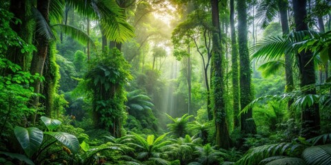 Naklejka premium A dense and lush forest with towering trees, diverse plant life, and a serene atmosphere, nature, trees, wilderness