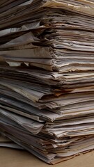 A very large stack of papers. Deadline, office overload, bureaucracy, paperwork