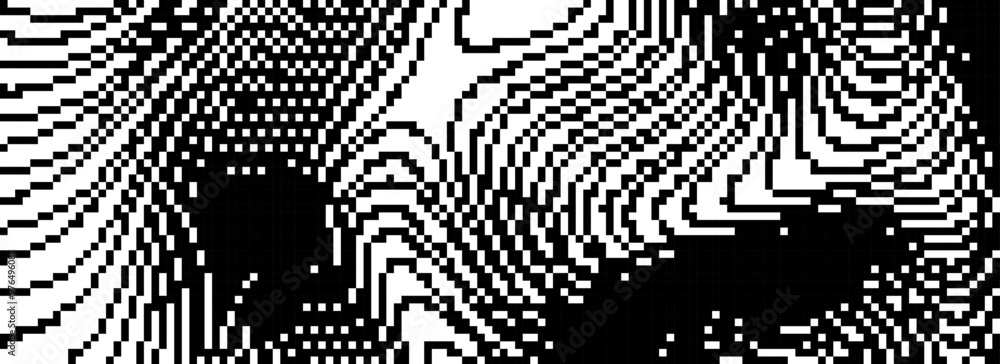 Poster dithered wavy curved line texture. black 8 bit pixel glitch background. rasterized stripes overlay w