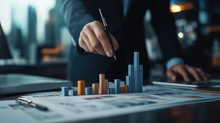 A business professional analyzing data charts with bar graphs, symbolizing market trends and financial strategies.
