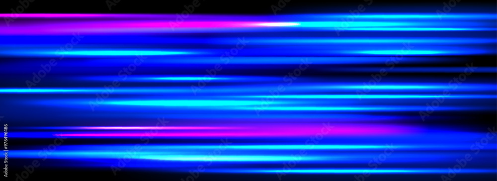 Poster neon glowing horizontal stripes background. bright blue speed light effect. magic trail flare lines 