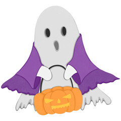 Cartoon ghost wearing a purple shirt holding a Jack o' lantern.