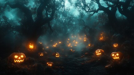 Ethereal Haunting in Dark Forest: Ghostly Apparitions and Jack-o-Lanterns at Nightfall