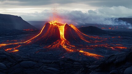 Fototapeta premium A wide shot of a volcano with visible deformation of the summit, including collapsed areas and new lava formations