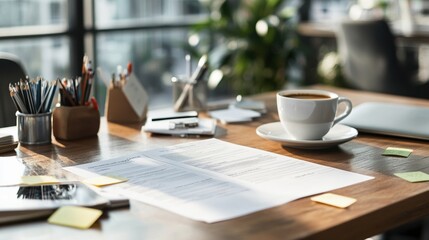 A cozy workspace featuring a coffee cup, stationery, and documents on a wooden table, perfect for productivity and inspiration.