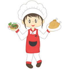 Cartoon chef holding grilled chicken and steak.
