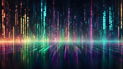 Abstract digital background with colorful lines of light and a reflective surface.