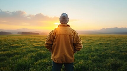 A person standing in a field at sunrise, enjoying the beauty of nature and the calm atmosphere around them.