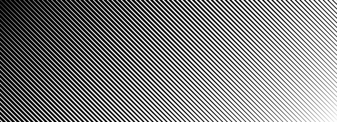 Diagonal thin line halftone gradation texture. Fade oblique stripe gradient background. Black slanted lines pattern backdrop. Vanishing parallel stripes wallpaper for overlay, print, cover. Vector