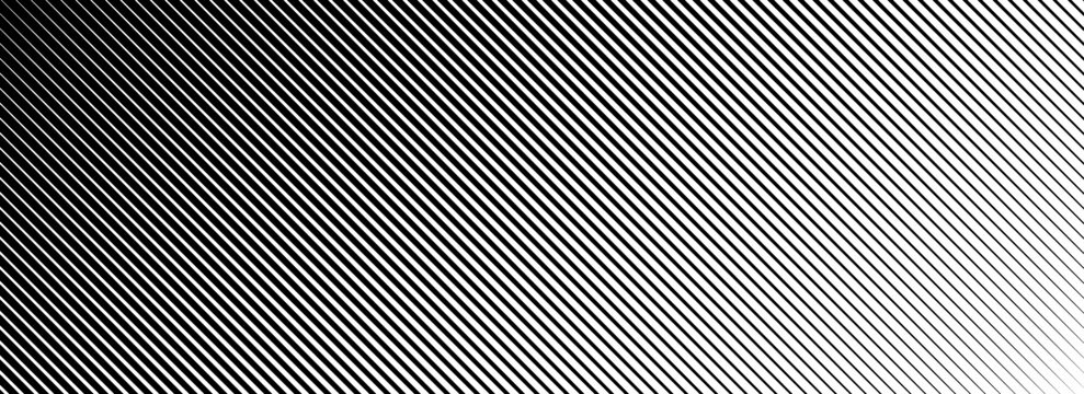 Diagonal thin line halftone gradation texture. Fade oblique stripe gradient background. Black slanted lines pattern backdrop. Vanishing parallel stripes wallpaper for overlay, print, cover. Vector