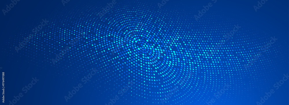 Poster glowing blue dotted wallpaper. abstract curved round dot grid texture. circle halftone pattern backg