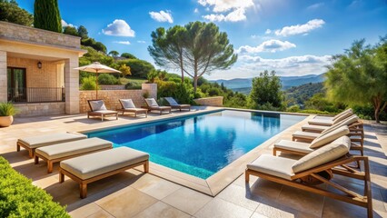 Fototapeta premium Luxurious pool area at a Mediterranean villa with stylish sun loungers