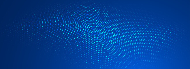 Glowing blue dotted wallpaper. Abstract curved round dot grid texture. Circle halftone pattern background. Dark navy backdrop for technology, business, news, healthcare, medicine design. Vector