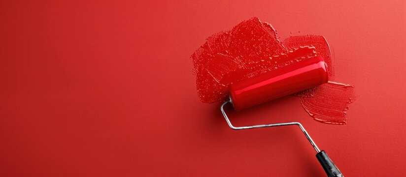Photo of paint roller painting red wall on empty background