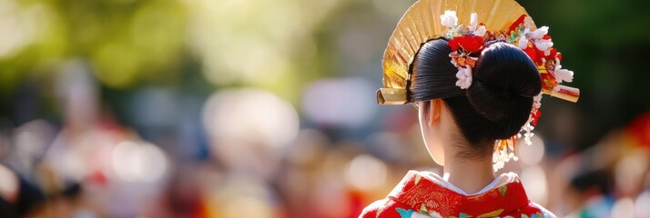 A traditional Japanese geisha wearing a vibrant, colorful kimono is seen from behind, showcasing her ornate hair ornaments and the elegance of Japanese cultural attire.