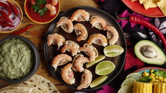 Traditional Mexican food top view. Shrimp appetizer, Pico de gallo, Nachos, Guacamole, Corn Tortilla chip, Salsa