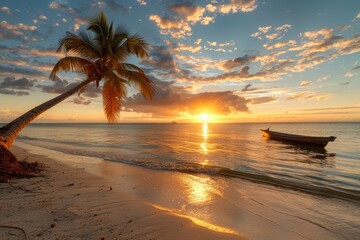 A Serene Tropical Sunset on a Pristine Sandy Beach with a Palm Tree and a Boat Anchored in the Calm Waters.