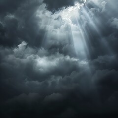 A close-up of light beams breaking through a dark storm cloud, creating a dramatic contrast between the bright sky and deep shadows. 8k UHD, suitable for high-quality printing or digital display. 