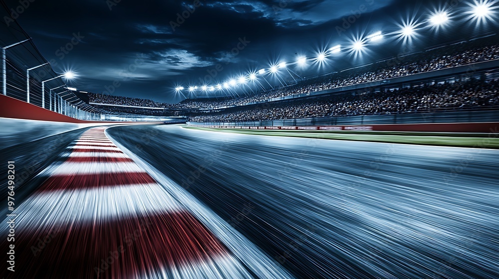 Poster nighttime race track with motion blur and lights