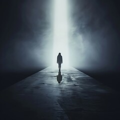 An artistic photograph of a silhouette of a person walking towards a bright light, emphasizing the contrast between darkness and illumination. 8k UHD, suitable for high-quality printing or digital 