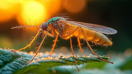 Biting midge, from the side, profile view, Hyper-realistic, early morning light 