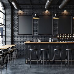 Black brick pub interior with bar counter and wooden chairs. Mock up,