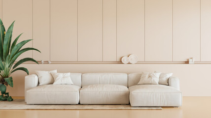 A clean background with a lot of negative space. There is a large, white couch in the center of the image. The couch has a few throw pillows. The walls behind the couch are beige