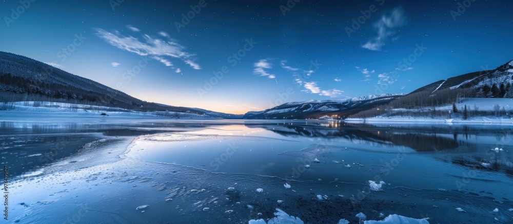 Poster frozen lake under starry sky