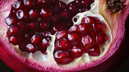 A close-up of a peeled pomegranate, showcasing the vibrant red seeds and juicy interior