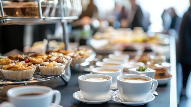 A close-up of a coffee break setup at a conference, with cups, pastries, and networking professionals