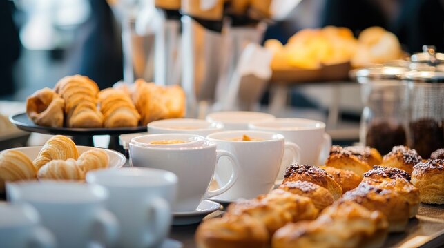 A close-up of a coffee break setup at a conference, with cups, pastries, and networking professionals