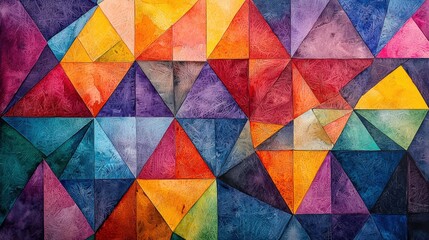 A stunning abstract mosaic artwork where triangles of various vibrant colors form a complex and engaging pattern. The interplay of bright hues and geometric shapes creates a dynamic and visually