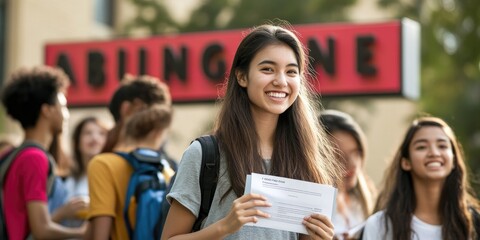 A group of new students standing in front of a large university sign, smiling and holding orientation pamphlets, excited to explore their new campus.