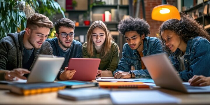 A team of students in a remote learning environment, connected via video calls and sharing screens, working on a group project with seamless digital collaboration.