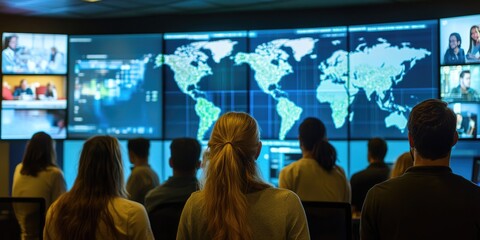 Students from different parts of the world video conferencing on large screens, collaborating on a shared research project, with a digital map showing their locations in