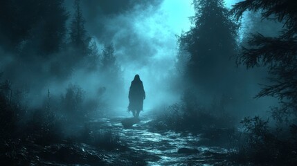Obraz premium Hauntingly Beautiful: Ghostly Figure in Foggy Forest under Moonlight