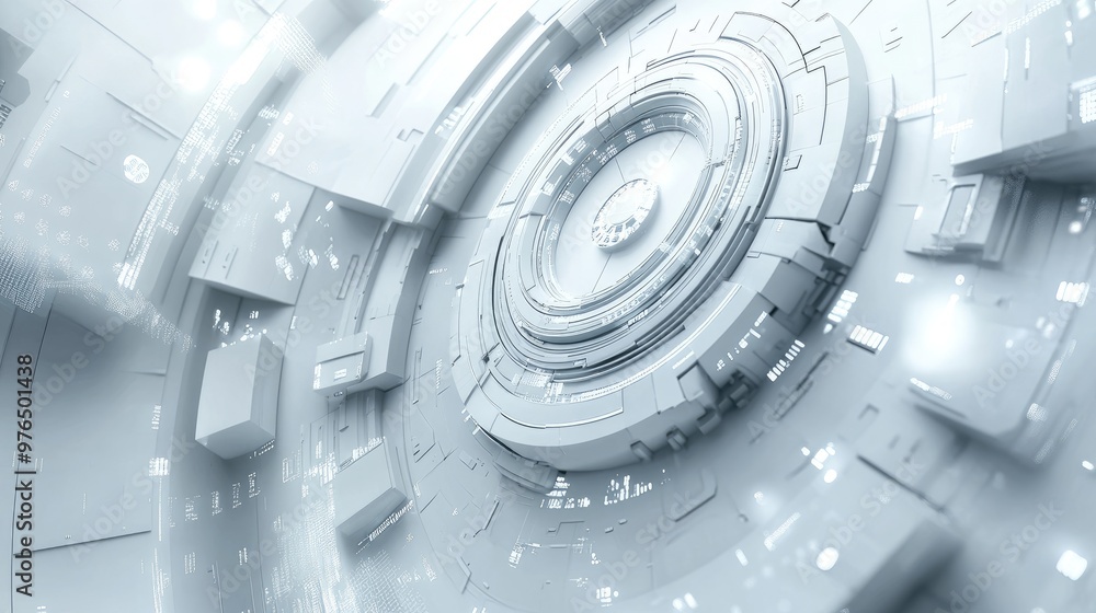 Poster grey white futuristic background with geometric patterns and digital elements, representing cutting-