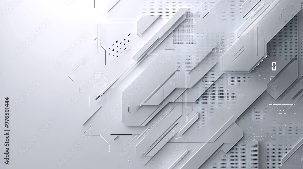 Poster grey white futuristic background with geometric patterns and digital elements, representing cutting-