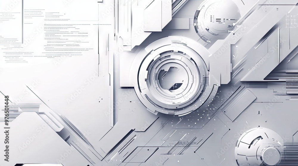 Poster grey white futuristic background with geometric patterns and digital elements, representing cutting-