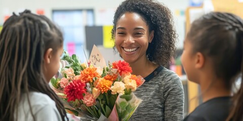 A teacher receiving a bouquet of flowers and a handwritten thank-you card from a group of smiling students, showing gratitude for their hard work and dedication.