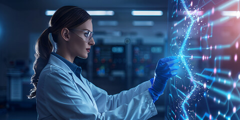  Female Scientist Analyzing Data on Digital Interface, Scientist Working with High-Tech Interactive Screen