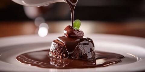 A close-up shot of melted dark chocolate being poured over a dessert, with the rich texture and sheen capturing the ultimate indulgence.