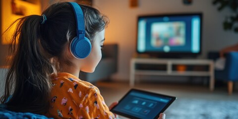 A student at home attending a virtual class, with a tablet in front of them, engaged in a lesson where the educator is guiding an interactive online discussion.