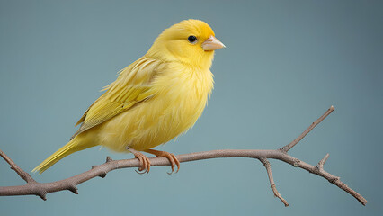 Obraz premium A small, fluffy yellow canary perched on a delicate branch, with soft light illuminating its feathers against a pale blue background,