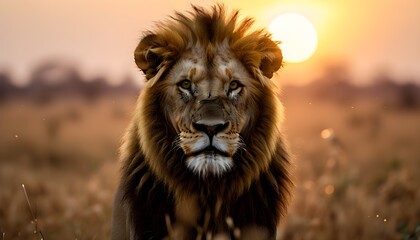 Majestic lion gazes at the camera in a sunlit field, capturing the essence of untamed beauty and natures grandeur