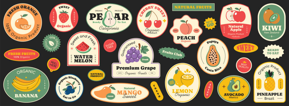 Set of seasonal fruits collection. Different phrases and words. Colorful stickers, patch, badge, pin of various fruits. 